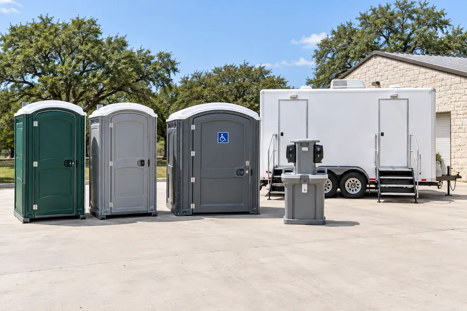 Standard and accessible portable toilets, washing station and restroom trailer