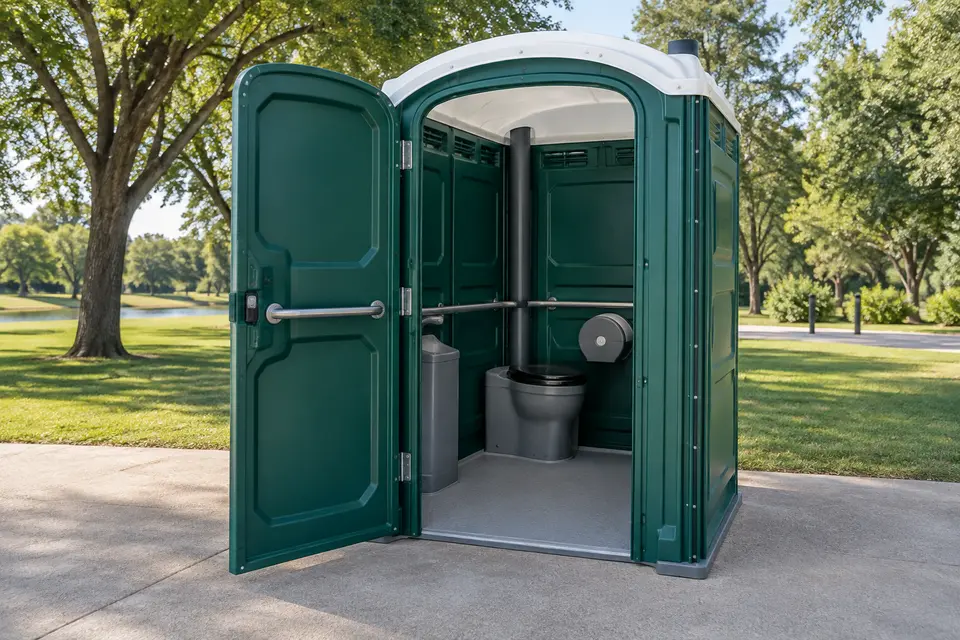 Accessible portable restroom with entrance visible